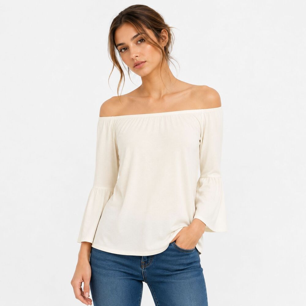 Chaser NEW Boho Y2K Off Shoulder Bell Sleeve Cream Peasant Knit Soft Top Size M